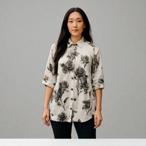 Sacred‎ Threads Black Floral Button-Up Top Relaxed Fit Rayon Shirt OS - Picture 1 of 8